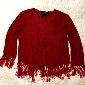 Carole Little red fringe bolero sweater.